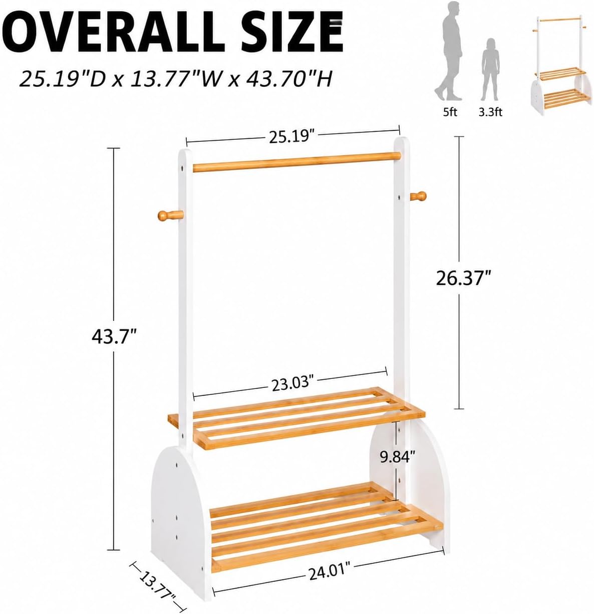 Kids Clothing Rack with Adjustable Rods, Children Clothes Garment Rack for Kids Baby Pet, Kids Dress Up Rack with 2 Bottom Shelves, Kids Wardrobe Closet for Toddlers Nursery (White)