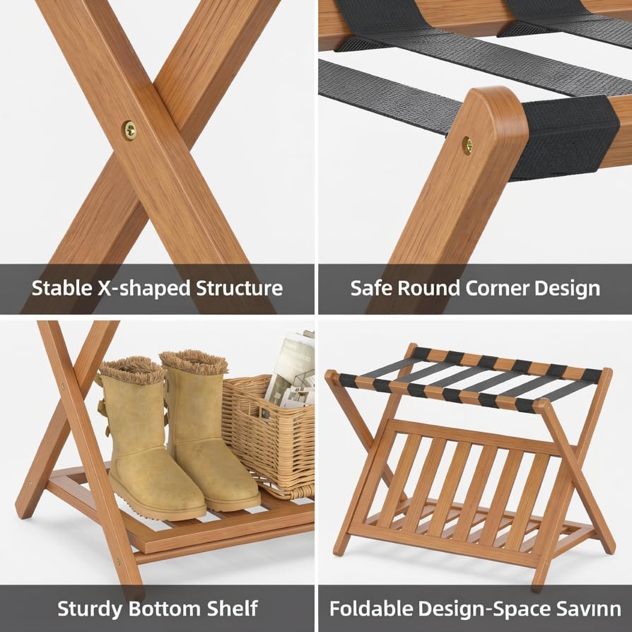 Bamboo Luggage Rack for Guest Room, Wide Suitcase Stand with Storage Shelf, Folding Luggage Stand Holder for Bedroom Hotel, 26.77" Thickened Luggage Rack for Suitcases, Tea brown