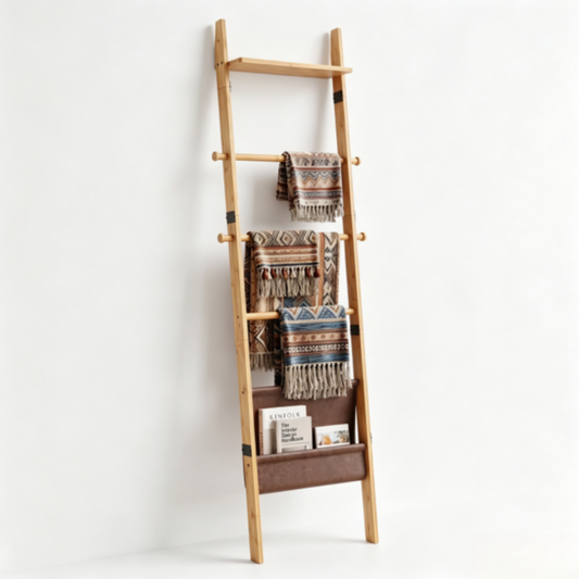 4-in-1 Bamboo Blanket Ladder 5-Tier Storage Rack with Magazine Pocket & Hooks for Living Room