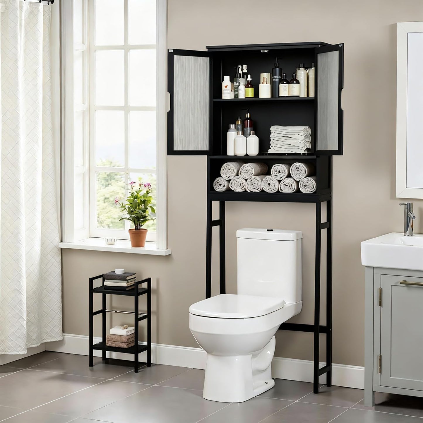 Over The Toilet Storage Cabinet, Bamboo Bathroom Over Toilet Storage Organizer with Adjustable Shelves and Double Doors, Above Toilet Storage Cabinet (Black)