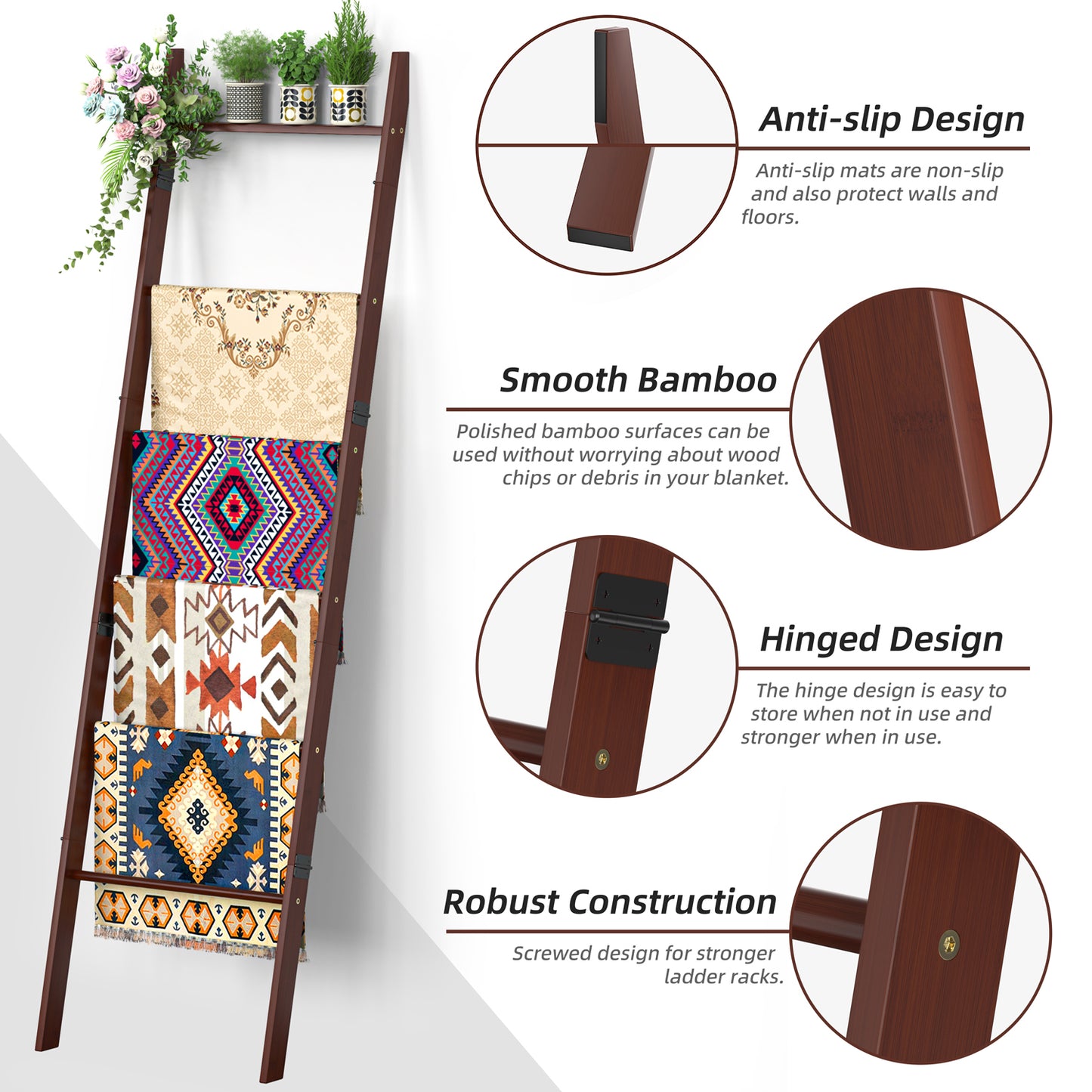 6-Tier Wall Leaning Blanket Ladder Shelf (Brown)