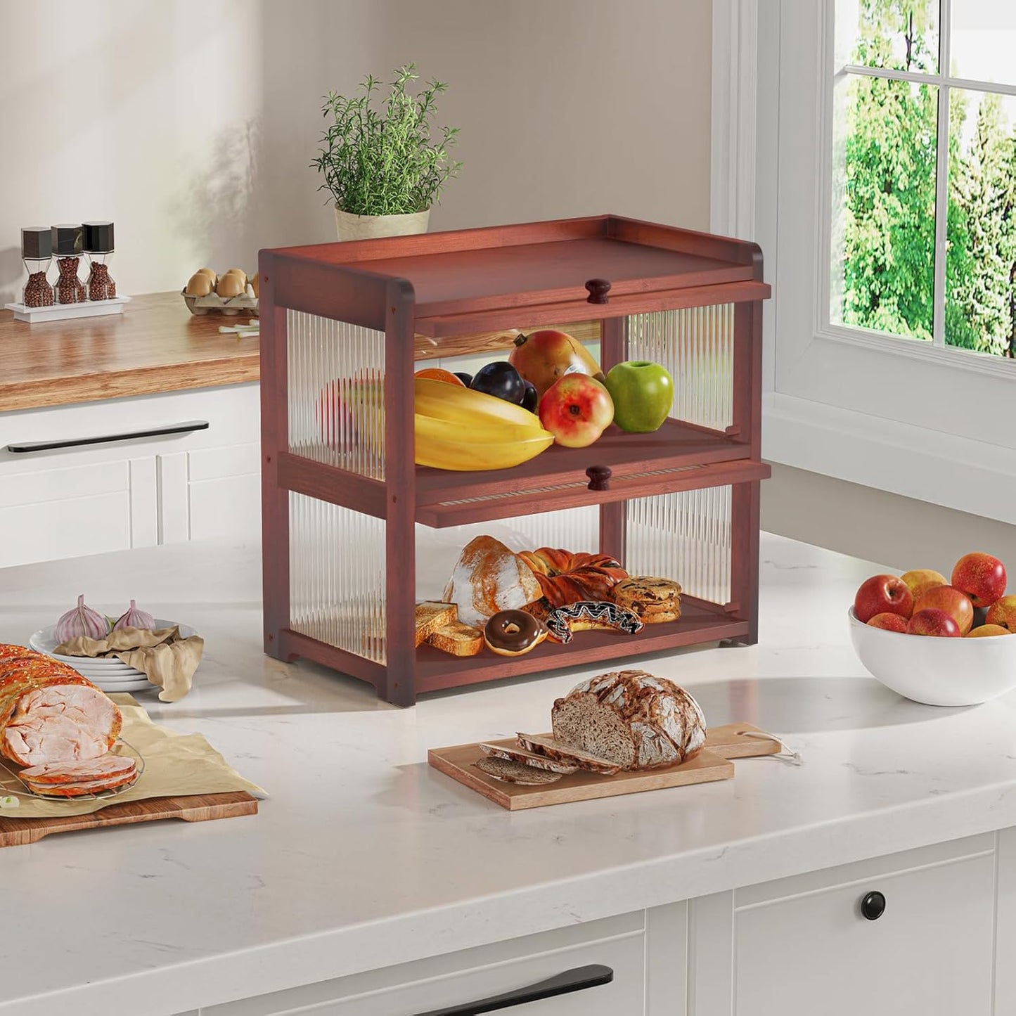 Extra Large Bamboo Bread Box for Kitchen Counter, Double Layer Bread Storage Container Farmhouse Bread Box with 4 Sides Transparency, Breadbox Bin Holder for Homemade Bread, Brown