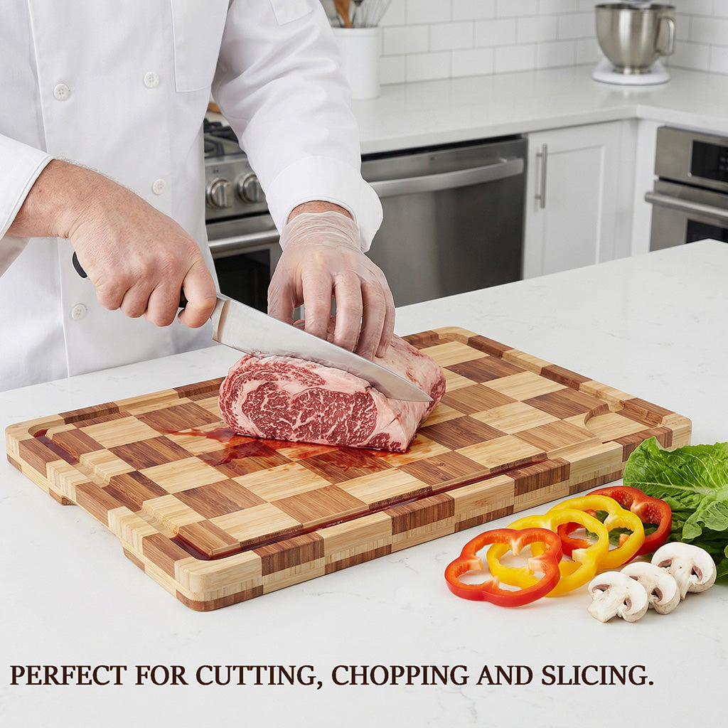 Bamboo Cutting Board 17" x 12", Heavy Duty Checkered End Grain Butcher Block for Kitchen with Deep Juice Grooves and Handles for Meat, Cheese, Charcuterie and Gifting