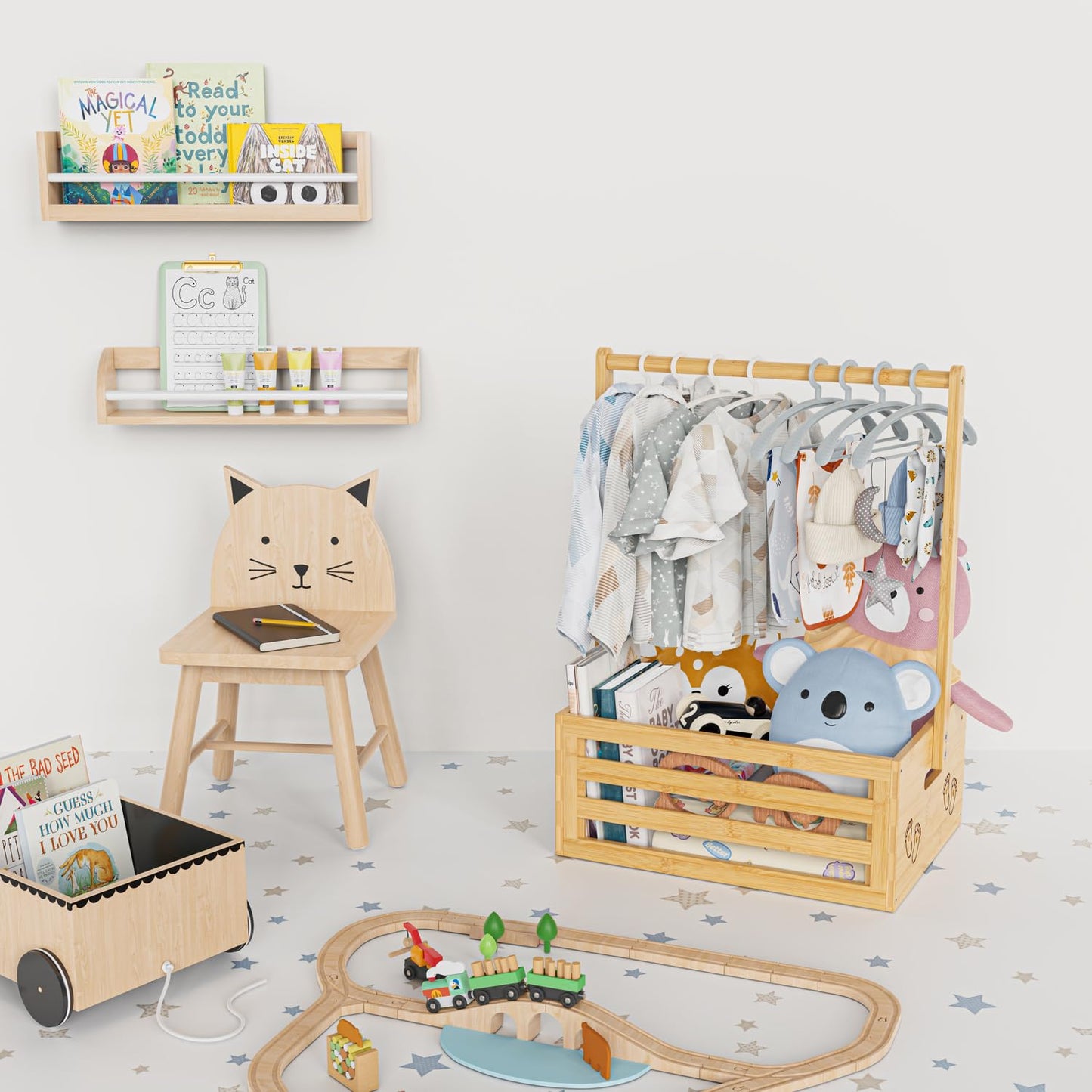 Baby Shower Crate Closet, Baby Baskets with Hangers Handle, Baby Crate Box for Baby Shower, Welcome Gift Basket for Newborn Baby, Pregnancy Gift for New Parents (Natural, Small Size)