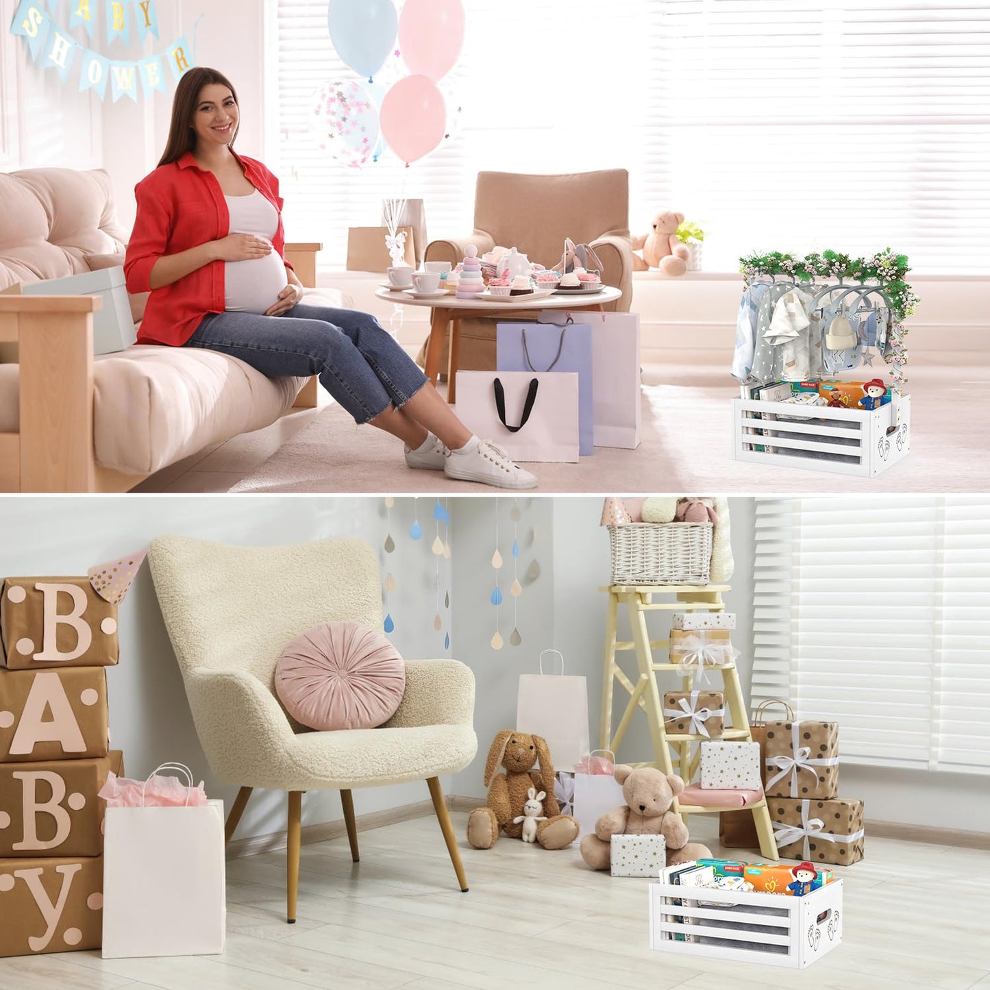 Baby Shower Crate Closet, Baby Baskets with Hangers Handle, Baby Crate Box for Baby Shower, Welcome Gift Basket for Newborn Baby, Pregnancy Gift for New Parents (White, Small Size)