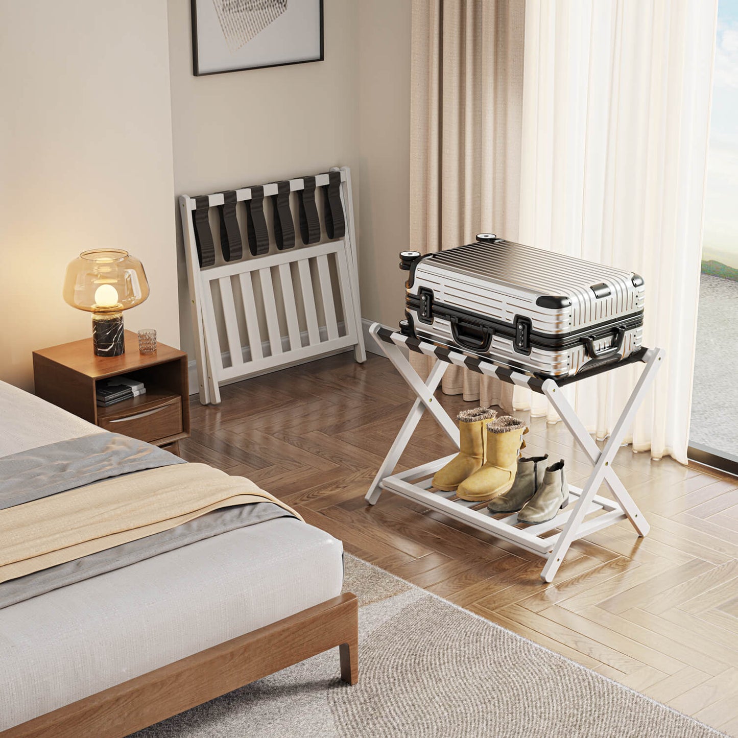 Folding Bamboo Luggage Rack with 6 Nylon Straps (White)