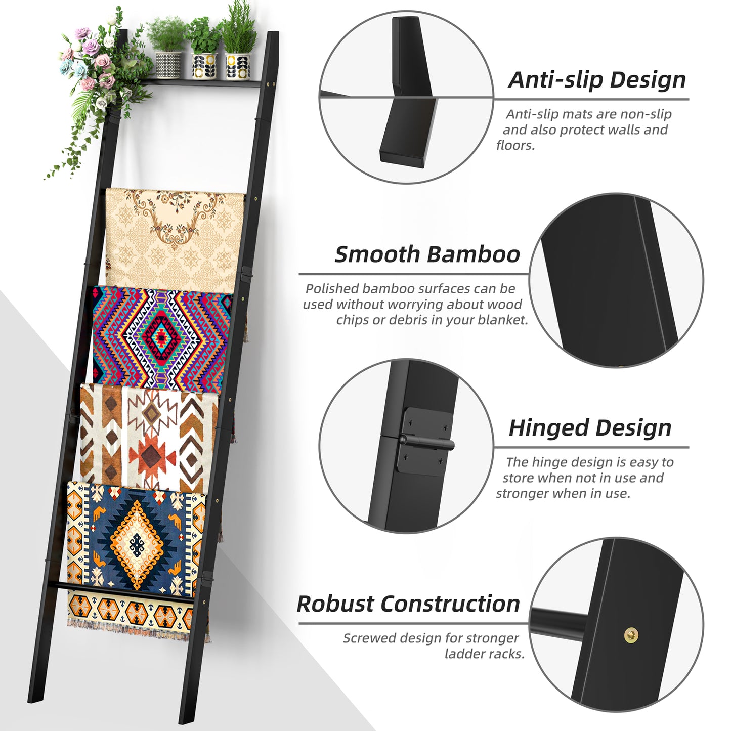 6-Tier Wall Leaning Blanket Ladder Shelf (Black)