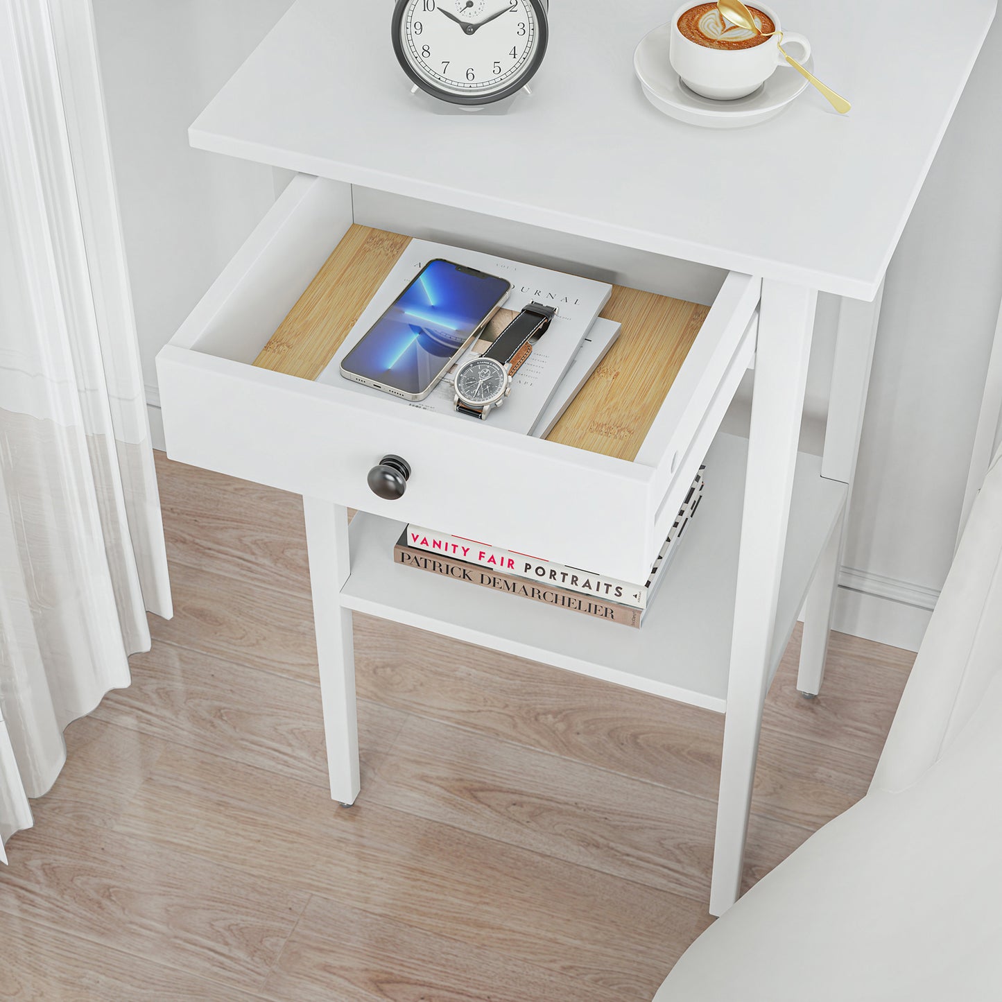 Bamboo Drawer Nightstand, Side Table with Open Shelf for Bedroom