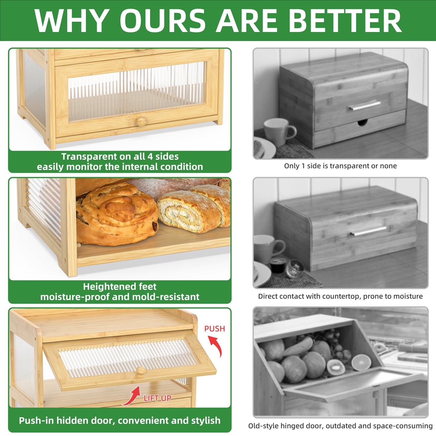 Bamboo Bread Box with 3 Sides Wavy & Back Clear Window (2 Tier)