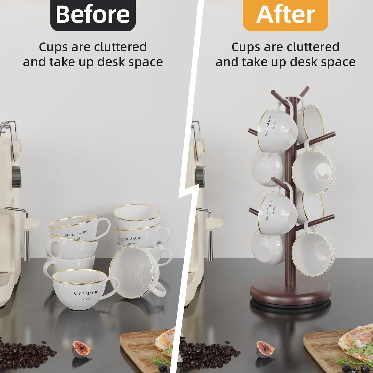 8 Hooks Bamboo Coffee Mug Tree Rotating Coffee Cup Holder (Brown)