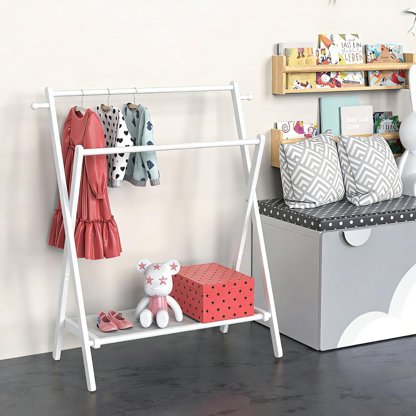 Kids Clothing Rack, Small Clothes Rack for Toddler Pets, Kids Dress Up Rack with Storage Shelf & Double Rods, Foldable Kids Clothes Rack for Nursery Child's Room (Regular Size - White)