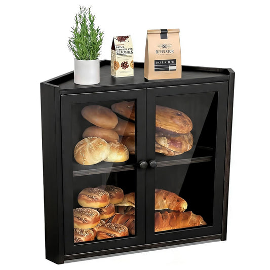 Bread Box, Double Layer Bamboo Bread Bin for Homemade Bread Bakers and Corner Kitchen Countertop with Double Doors, Not Suitable for Oversized Loaves, Black
