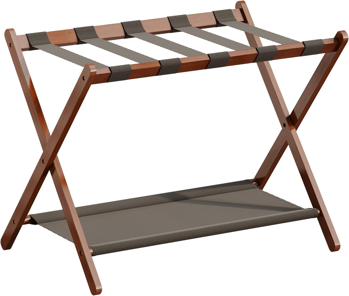 Bamboo Luggage Rack for Guest Room, 26.77" Folding Wide Suitcase Stand with Fabric Storage Shelf, Thickened Luggage Stand Holder for Bedroom Hotel, Luggage Rack for Suitcases (1 Pack - Brown)