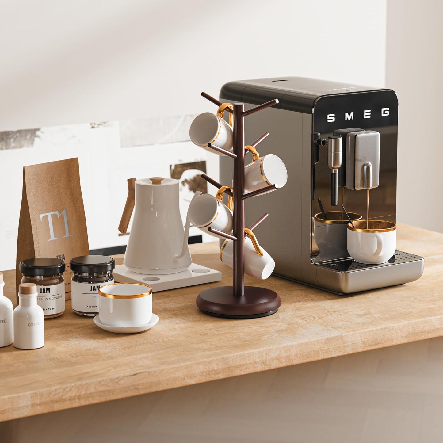 8 Hooks Bamboo Coffee Mug Tree Rotating Coffee Cup Holder (Brown)