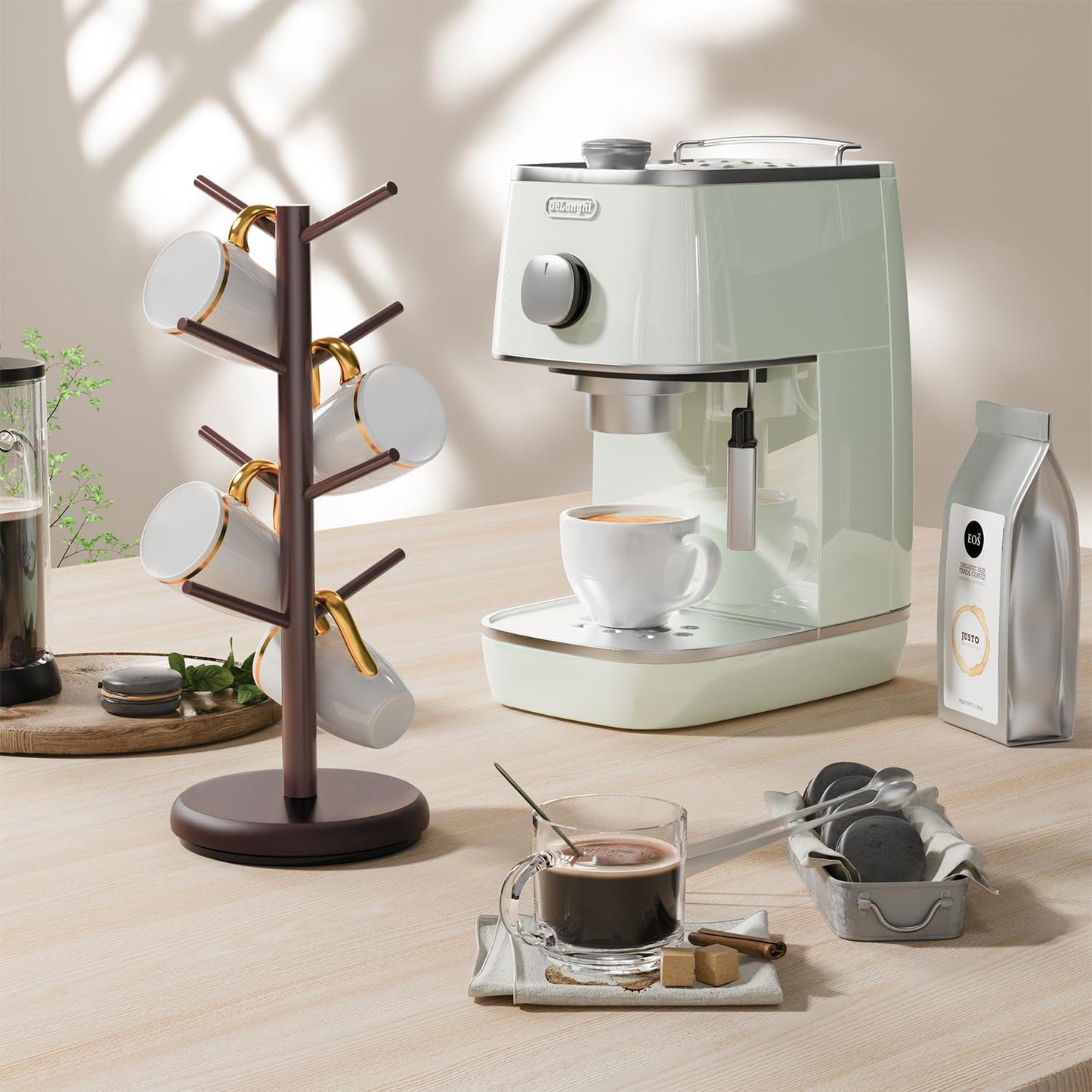 8 Hooks Bamboo Coffee Mug Tree Rotating Coffee Cup Holder (Brown)