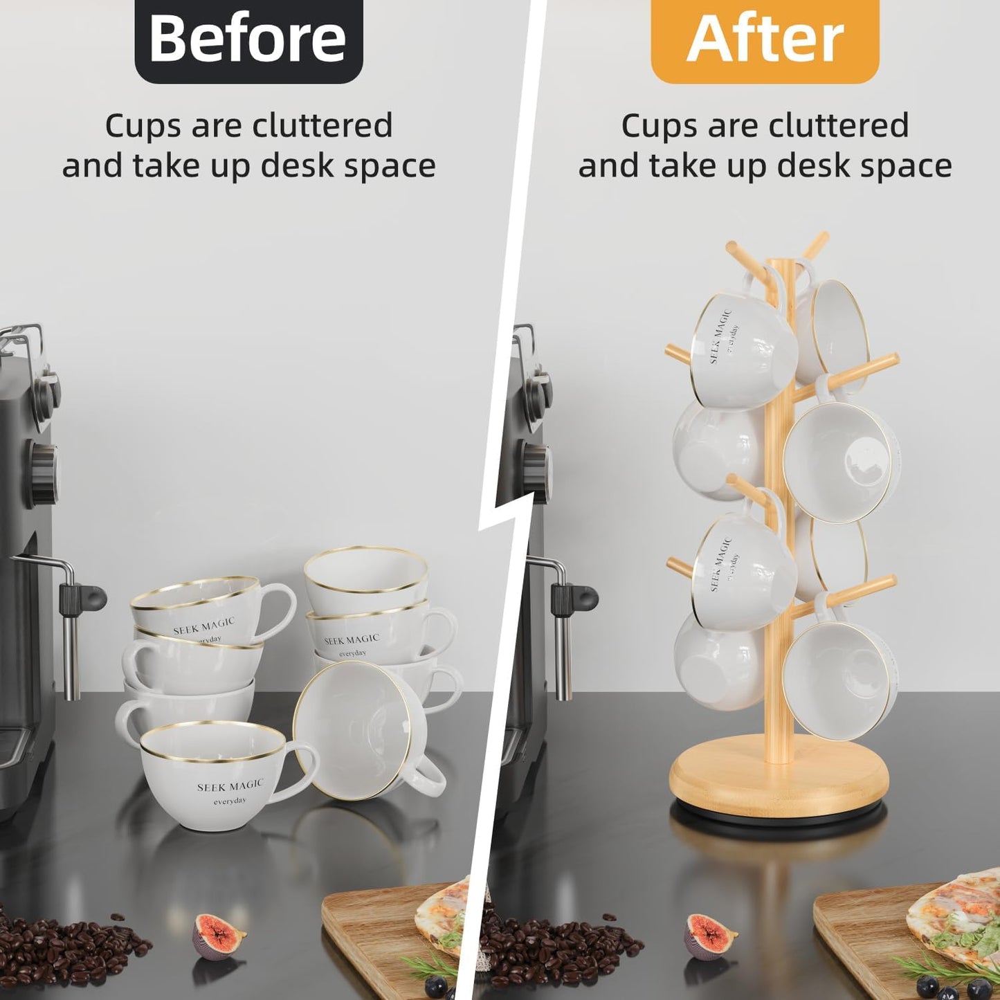 8 Hooks Bamboo Coffee Mug Tree Rotating Coffee Cup Holder (Natural)