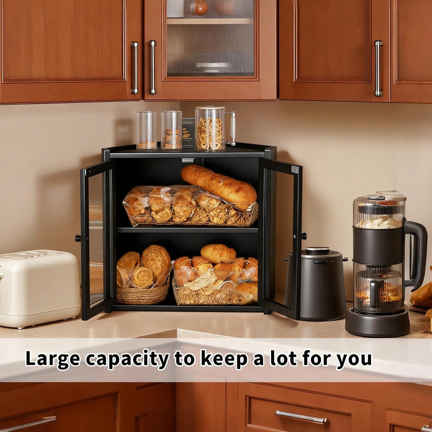Bread Box, Double Layer Bamboo Bread Bin for Homemade Bread Bakers and Corner Kitchen Countertop with Double Doors, Not Suitable for Oversized Loaves, Black