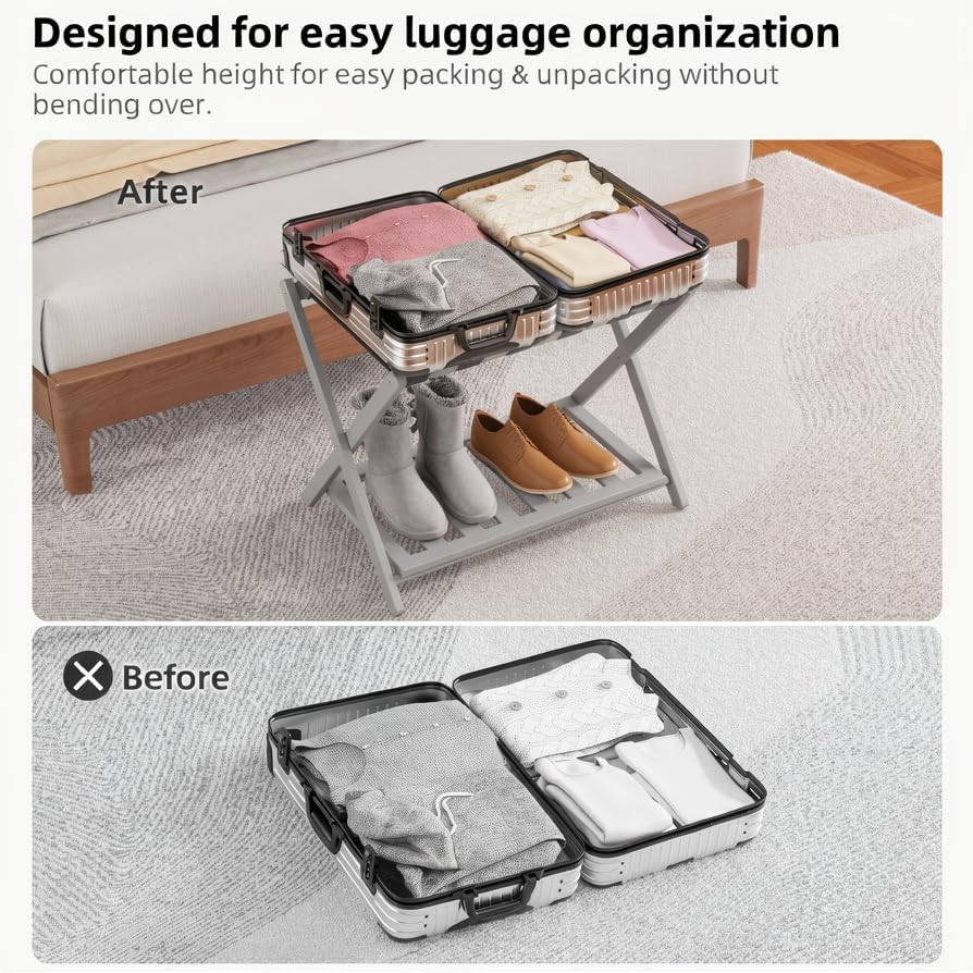 Bamboo Luggage Rack for Guest Room, Wide Suitcase Stand with Storage Shelf, Folding Luggage Stand Holder for Bedroom Hotel, 26.77" Thickened Luggage Rack for Suitcases, Grey