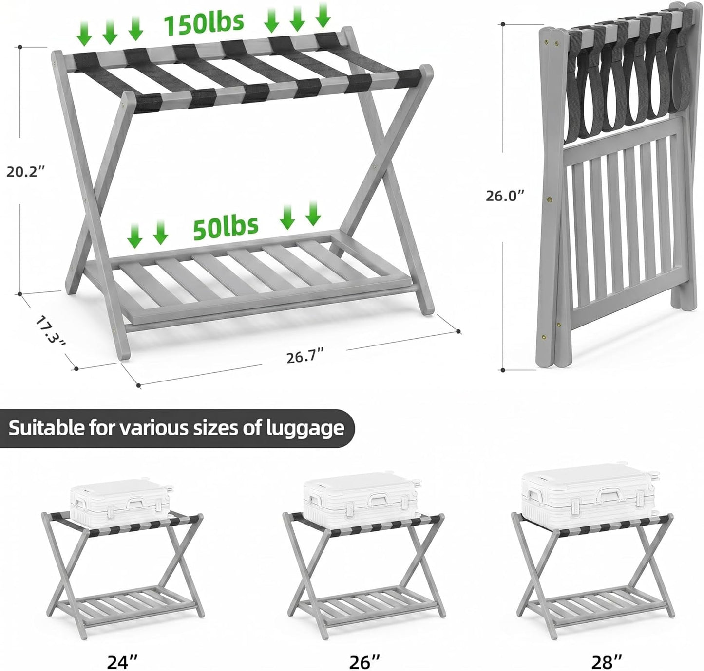 Bamboo Luggage Rack for Guest Room, Wide Suitcase Stand with Storage Shelf, Folding Luggage Stand Holder for Bedroom Hotel, 26.77" Thickened Luggage Rack for Suitcases, Grey