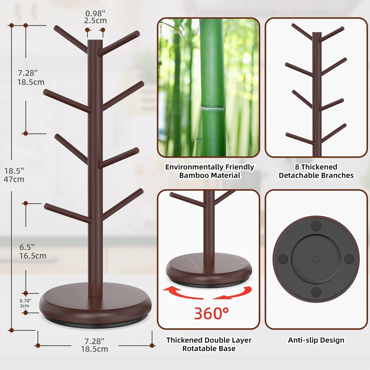 8 Hooks Bamboo Coffee Mug Tree Rotating Coffee Cup Holder (Brown)