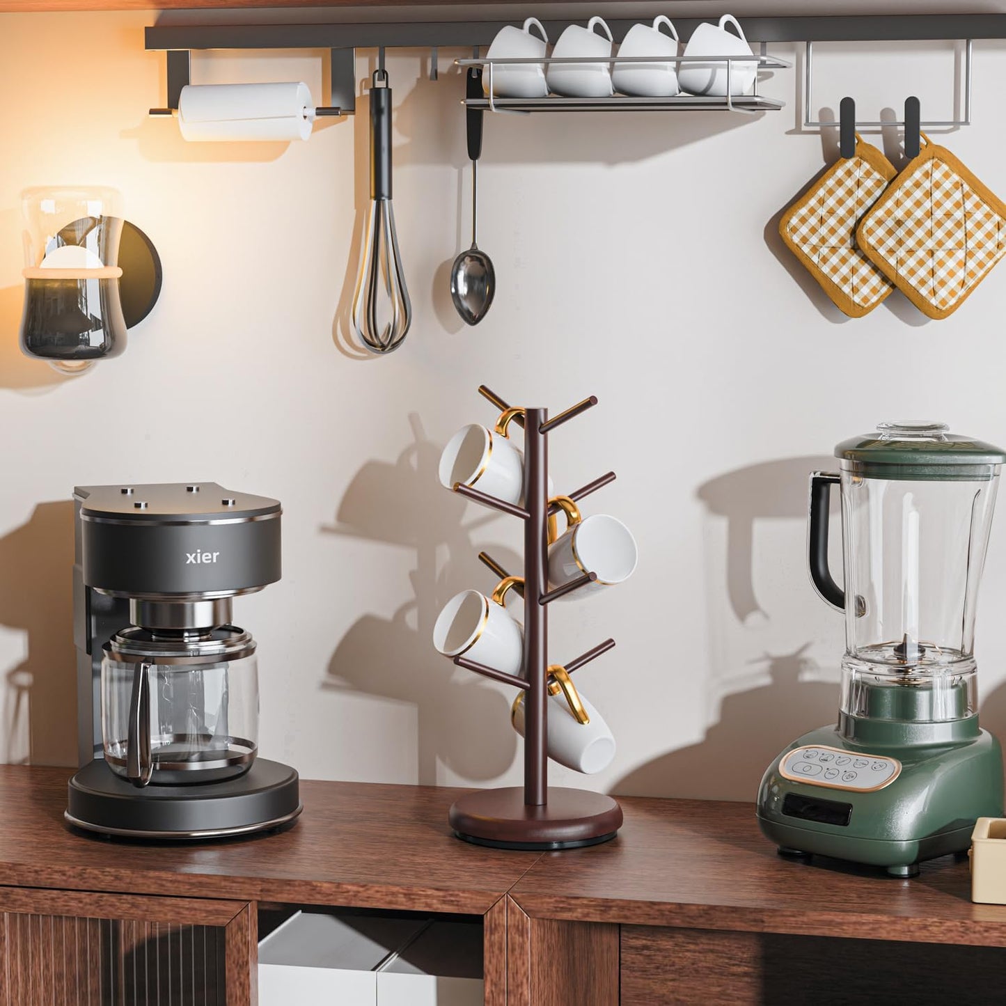 8 Hooks Bamboo Coffee Mug Tree Rotating Coffee Cup Holder (Brown)