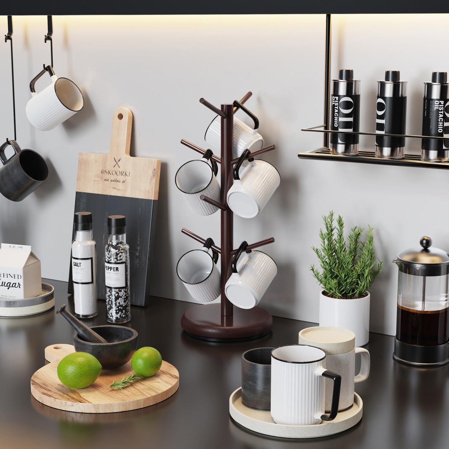 8 Hooks Bamboo Coffee Mug Tree Rotating Coffee Cup Holder (Brown)