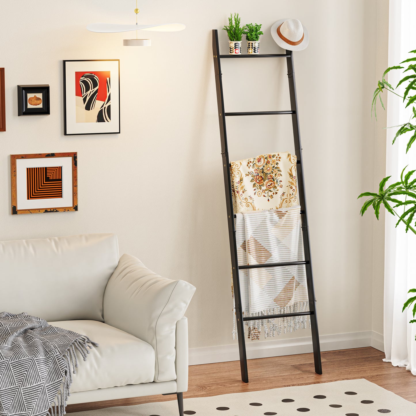 6-Tier Wall Leaning Blanket Ladder Shelf (Black)