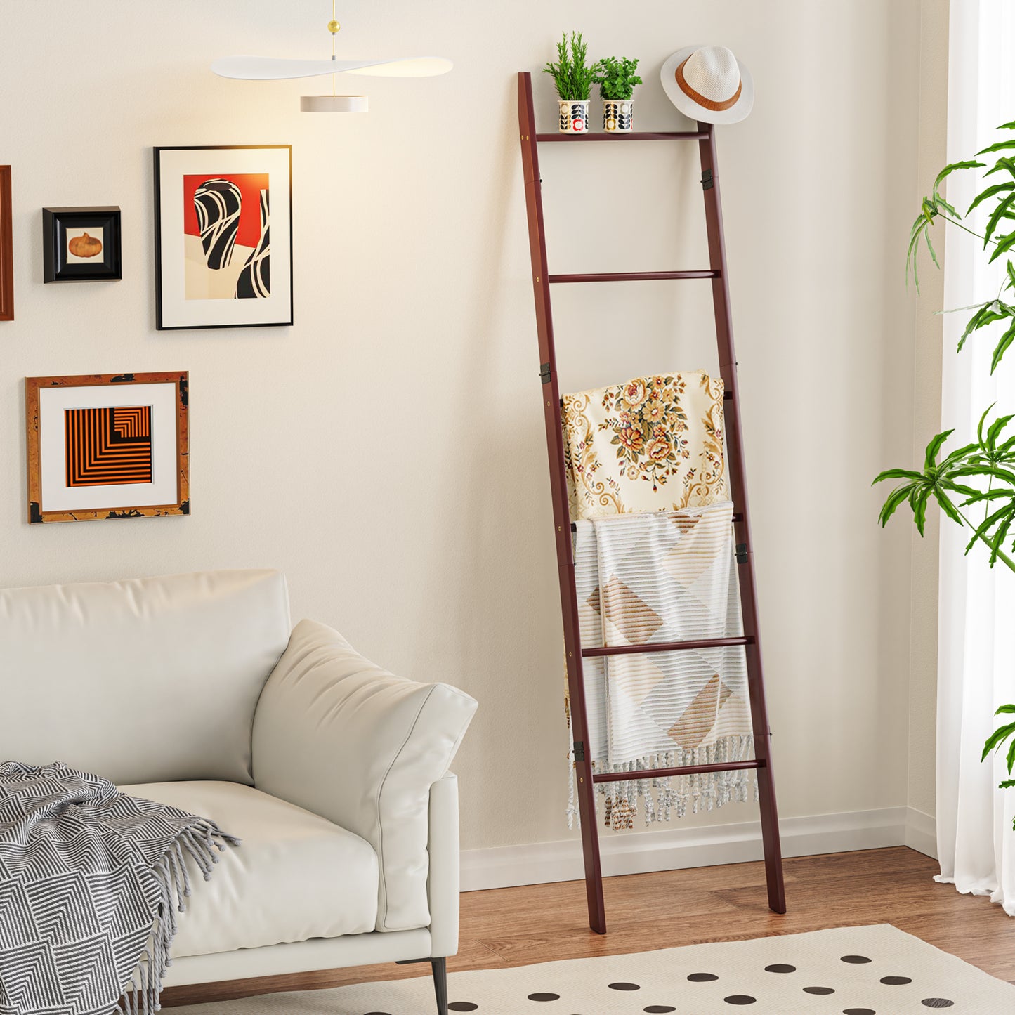 6-Tier Wall Leaning Blanket Ladder Shelf (Brown)