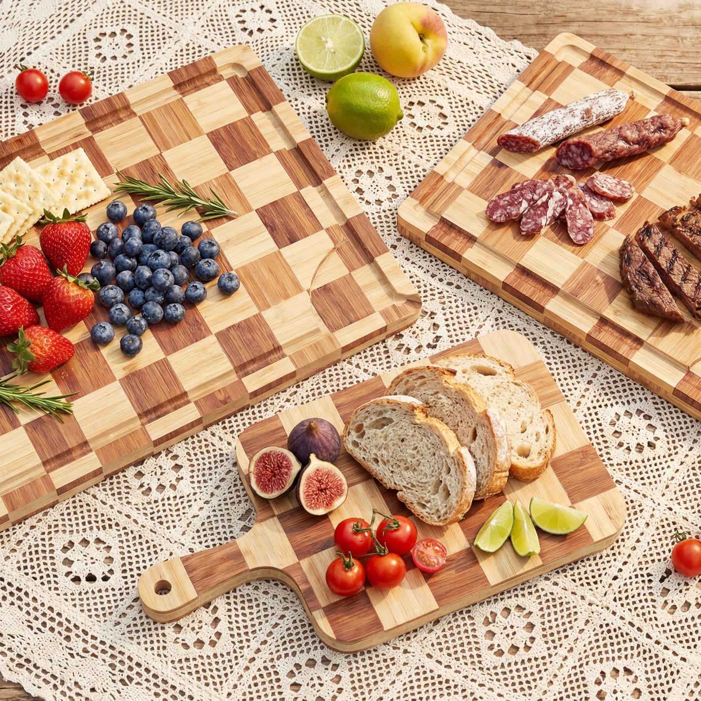 Cutting Board,Heavy Duty Cutting Board Set of 3 with Stand,End Grain Butcher Block Cutting Boards for Kitchen with Juice Grooves and Handles for Meat, Cheese, Charcuterie and Serving