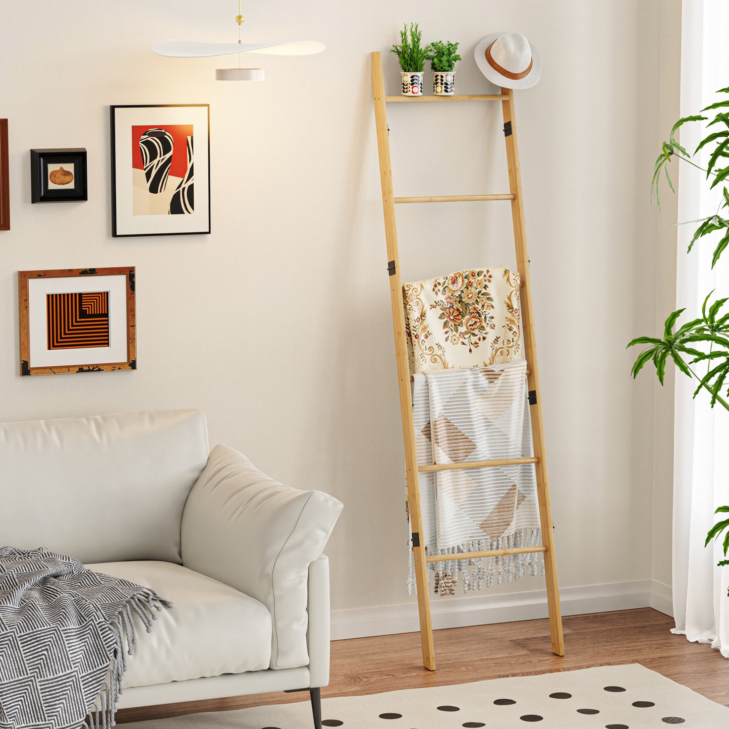 6-Tier Wall Leaning Blanket Ladder Shelf (Natural)
