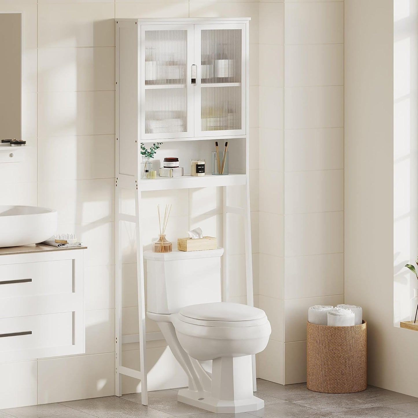 Over The Toilet Storage Cabinet, Bamboo Bathroom Over Toilet Storage Organizer with Adjustable Shelves and Double Doors, Above Toilet Storage Cabinet (White)
