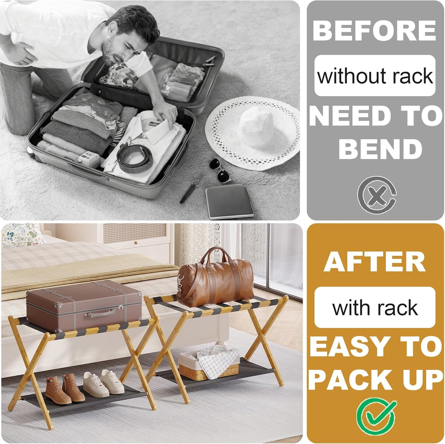 2 Pack Bamboo Luggage Rack for Guest Room, 26.77" Folding Wide Suitcase Stand with Fabric Storage Shelf, Thickened Luggage Stand Holder for Bedroom Hotel, Luggage Rack for Suitcases (2 Pack - Natural)