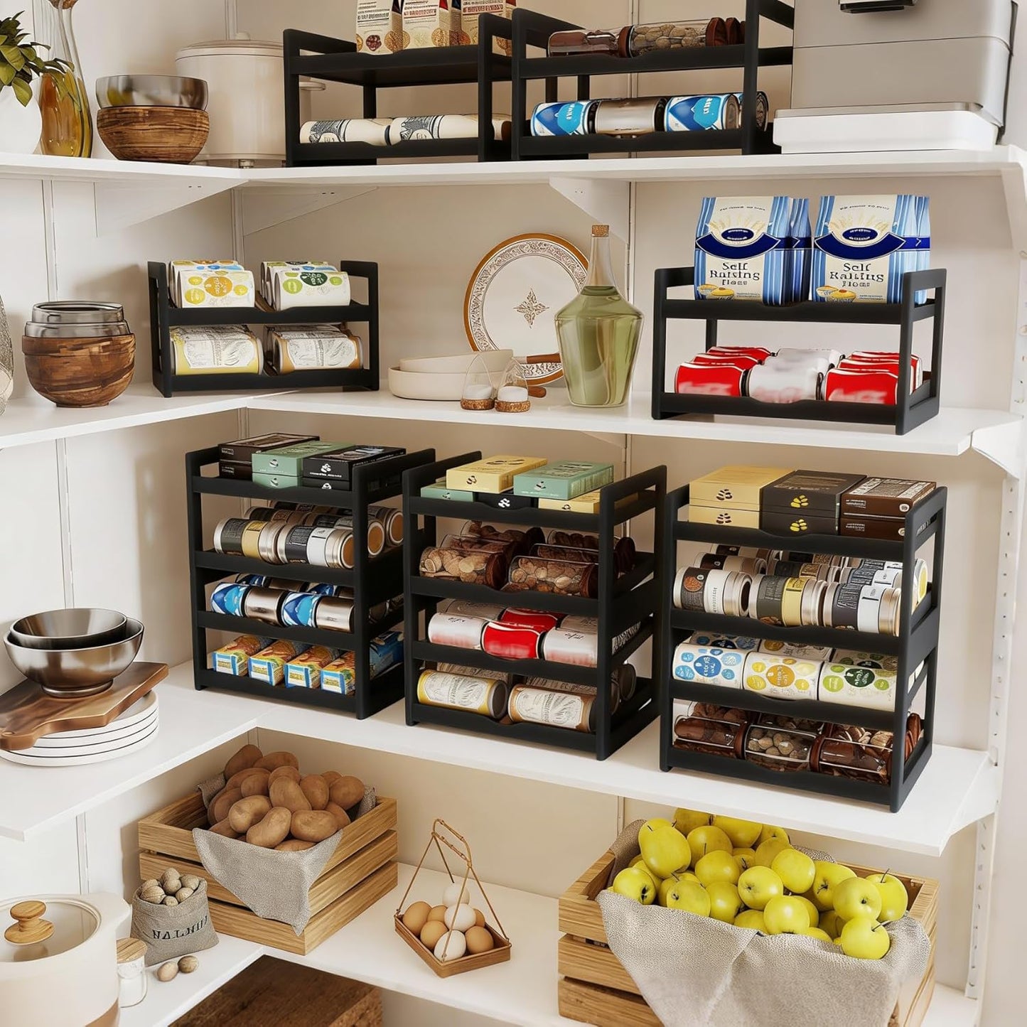 Can Organizer for Pantry, Detachable Bamboo 4 Tier Stackable Can Storage Rack, Rolling Soda Can Dispenser Can Holders for Cabinet, Holds Up to 48 Cans, Black