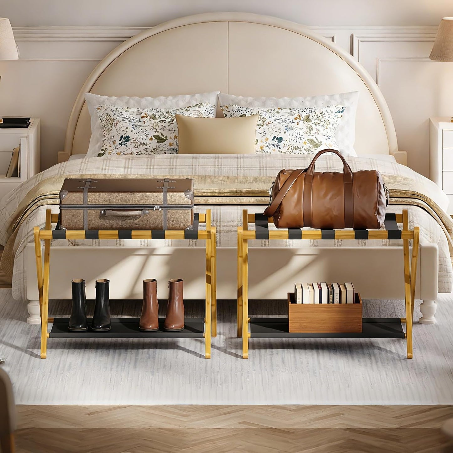 2 Pack Bamboo Luggage Rack for Guest Room, 26.77" Folding Wide Suitcase Stand with Fabric Storage Shelf, Thickened Luggage Stand Holder for Bedroom Hotel, Luggage Rack for Suitcases (2 Pack - Natural)