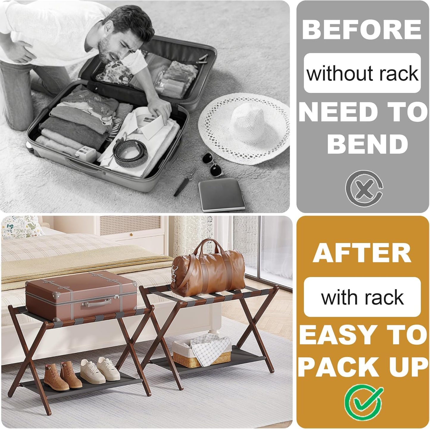 2 Pack Bamboo Luggage Rack for Guest Room, 26.77" Folding Wide Suitcase Stand with Fabric Storage Shelf, Thickened Luggage Stand Holder for Bedroom Hotel, Luggage Rack for Suitcases (2 Pack - Brown)