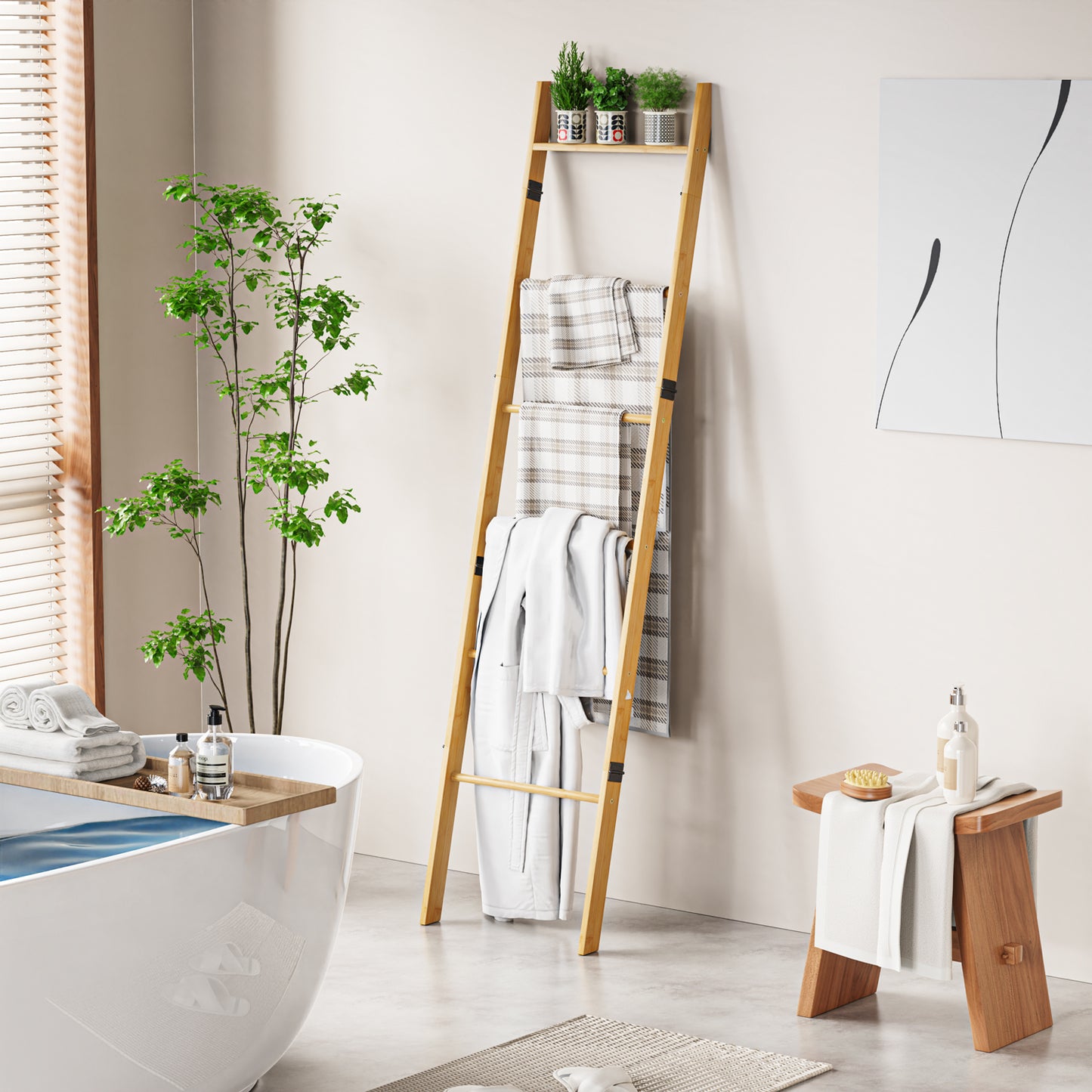 6-Tier Wall Leaning Blanket Ladder Shelf (Natural)
