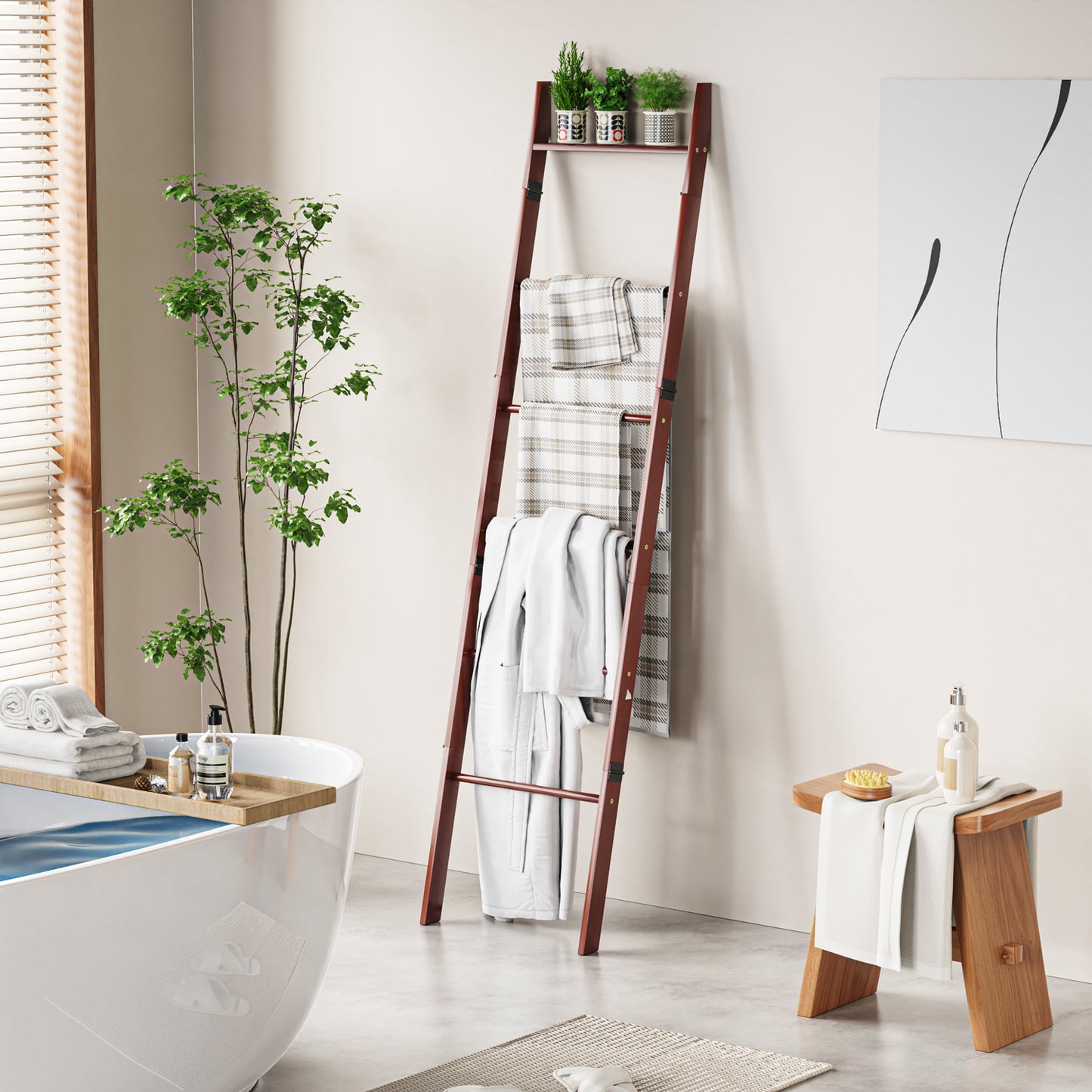 6-Tier Wall Leaning Blanket Ladder Shelf (Brown)