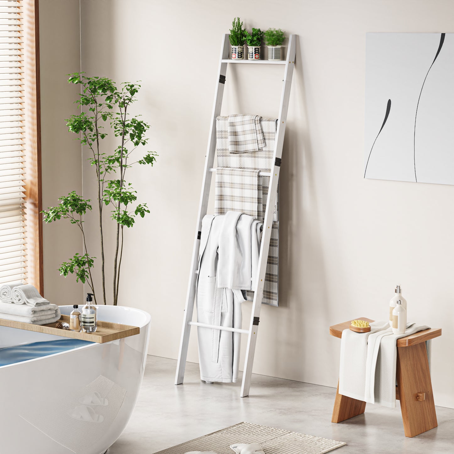 6-Tier Wall Leaning Blanket Ladder Shelf (White)