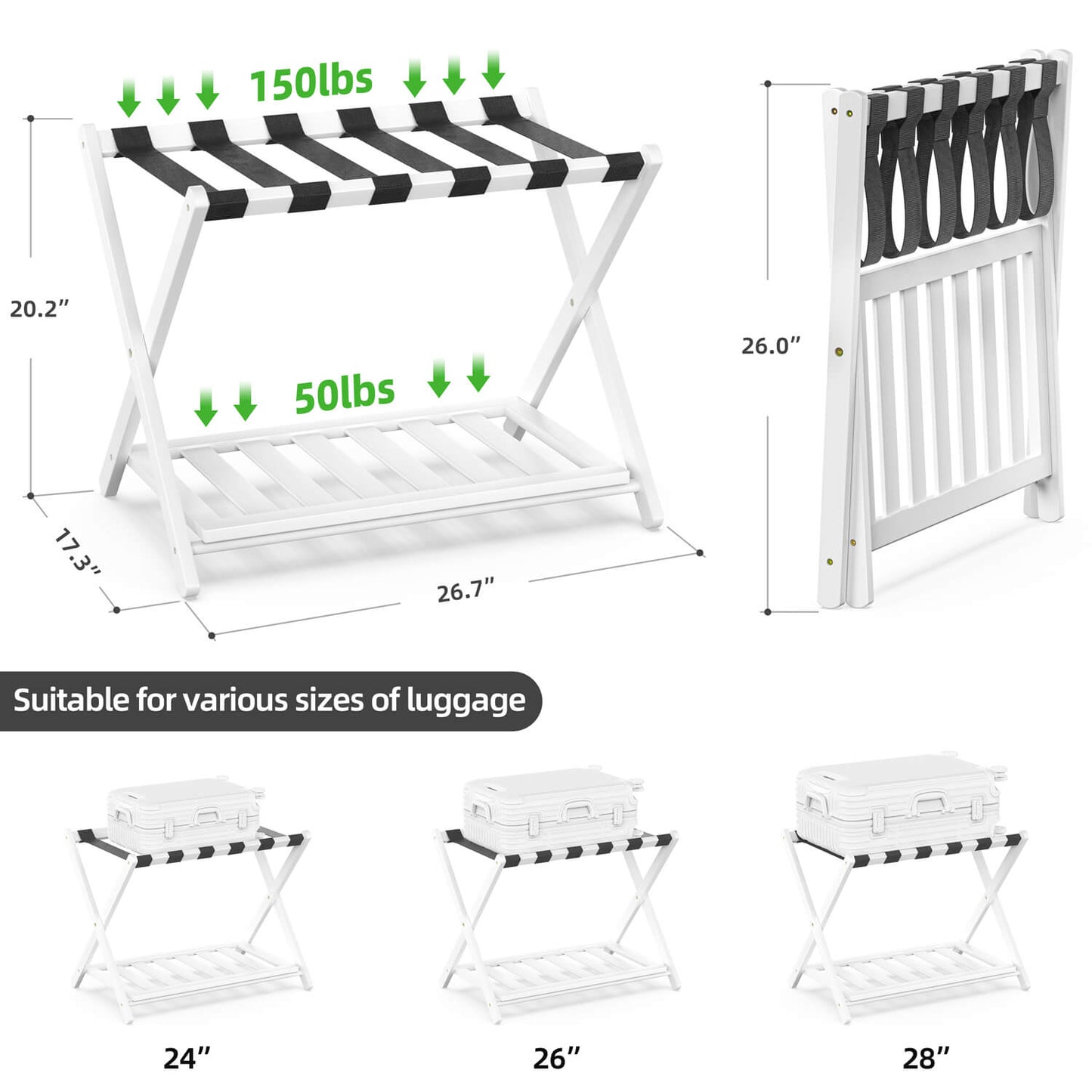 Folding Bamboo Luggage Rack with 6 Nylon Straps (White)