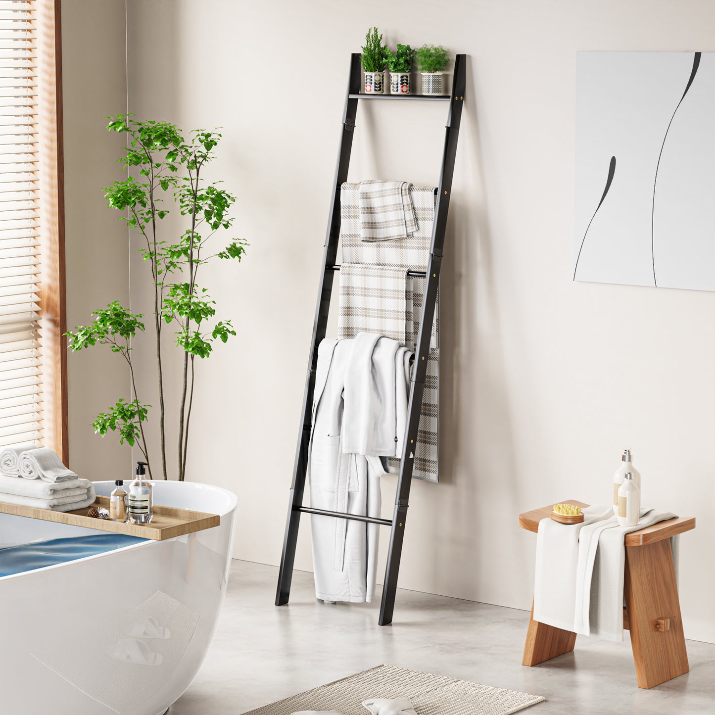 6-Tier Wall Leaning Blanket Ladder Shelf (Black)