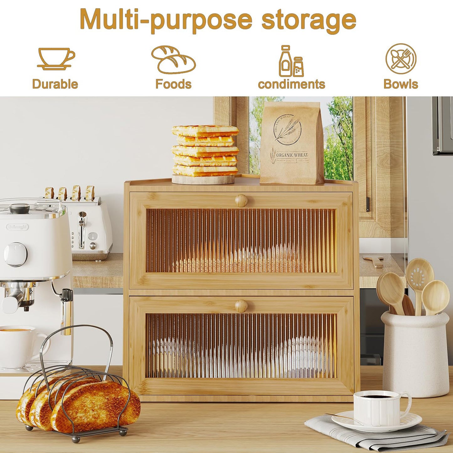 Corner Bread Box for Kitchen Countertop, Double Layer Bamboo Bread Storage Container with Wavy Windows, Farmhouse Large Bread Bin, Wooden Breadbox Holder for Homemade Bread (Natural)