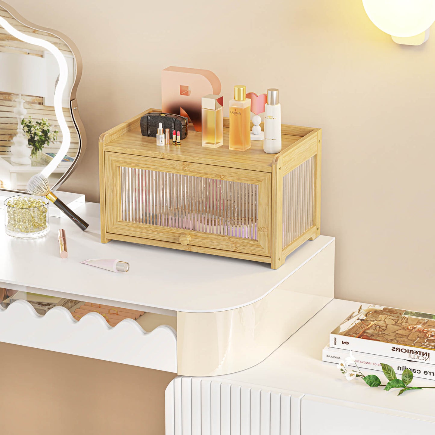 PLUSINTHEBOX Bamboo Bread Box with 3 Sides Wavy & Back Clear Window