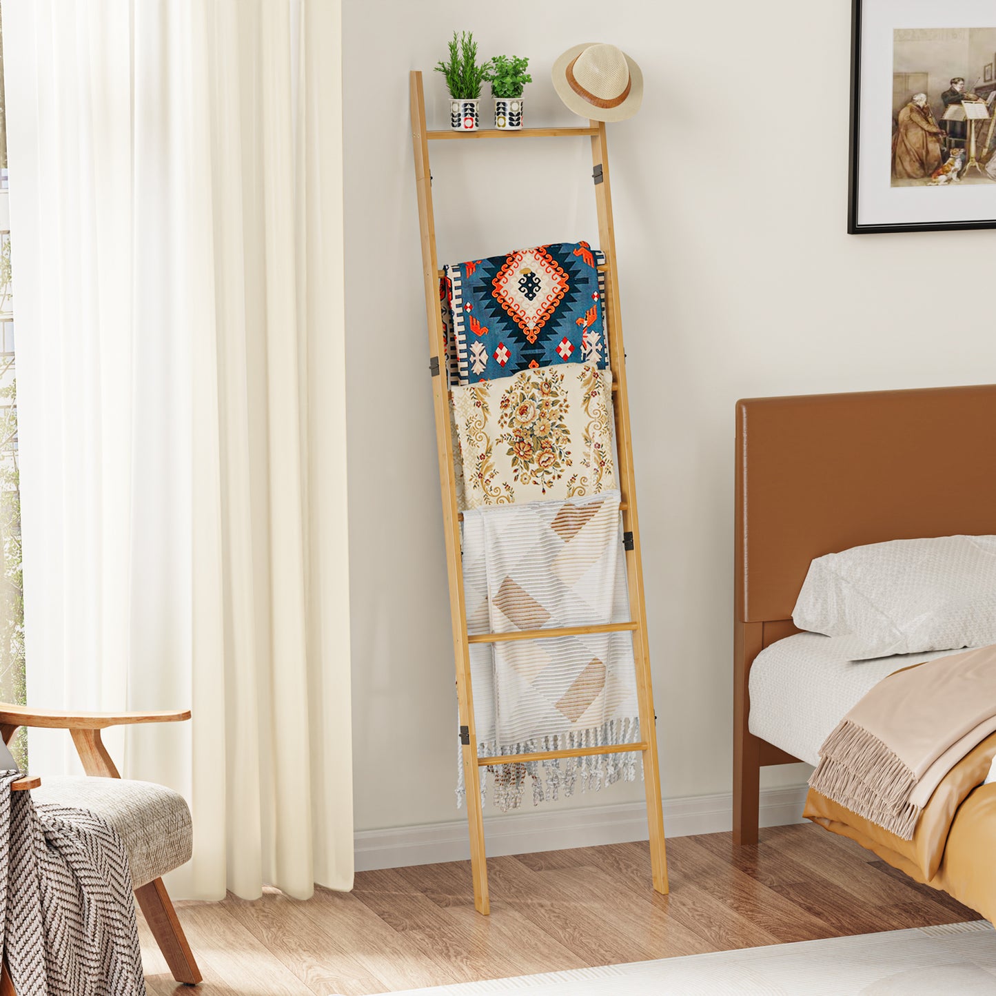 6-Tier Wall Leaning Blanket Ladder Shelf (Natural)