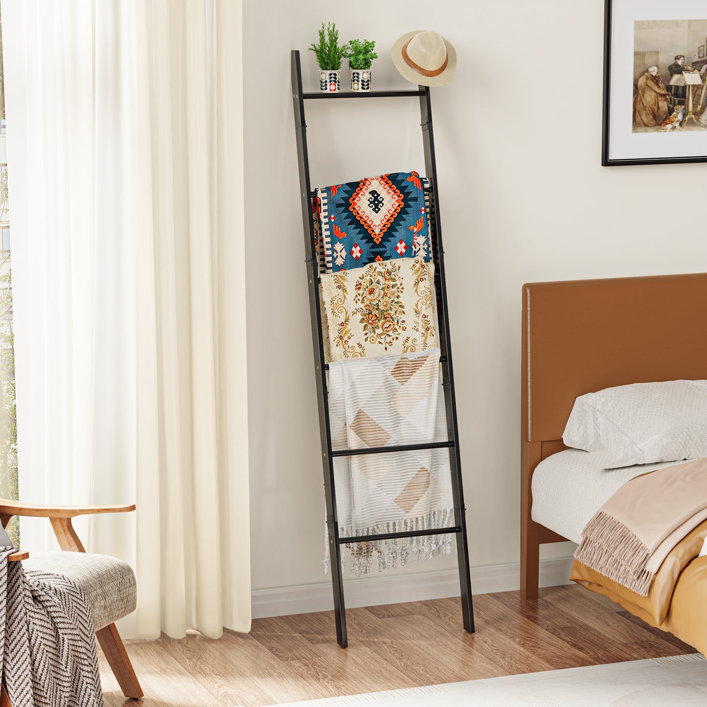 6-Tier Wall Leaning Blanket Ladder Shelf (Black)