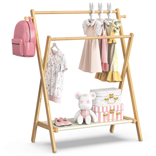 Freestanding Bamboo Clothes Rack with Shelves, Garment Rack for Bedroom (M)