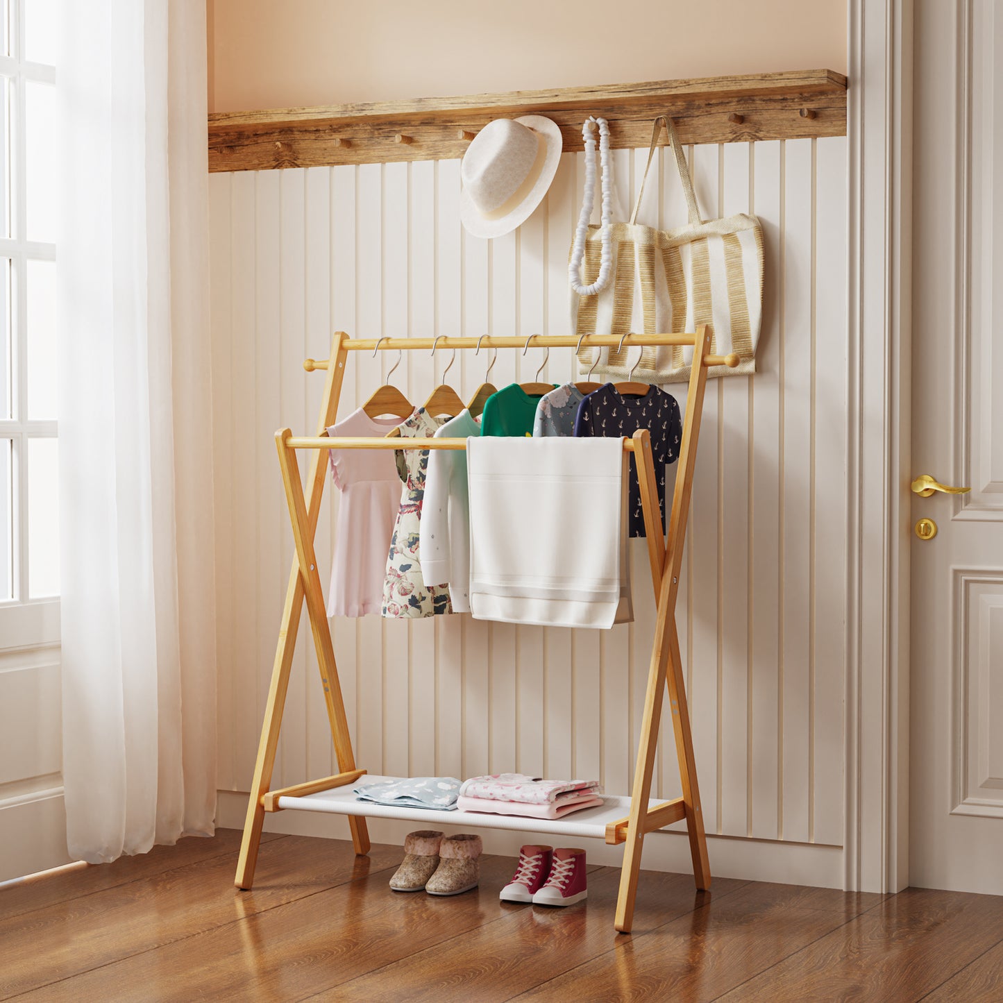 Freestanding Bamboo Clothes Rack with Shelves, Garment Rack for Bedroom (M)
