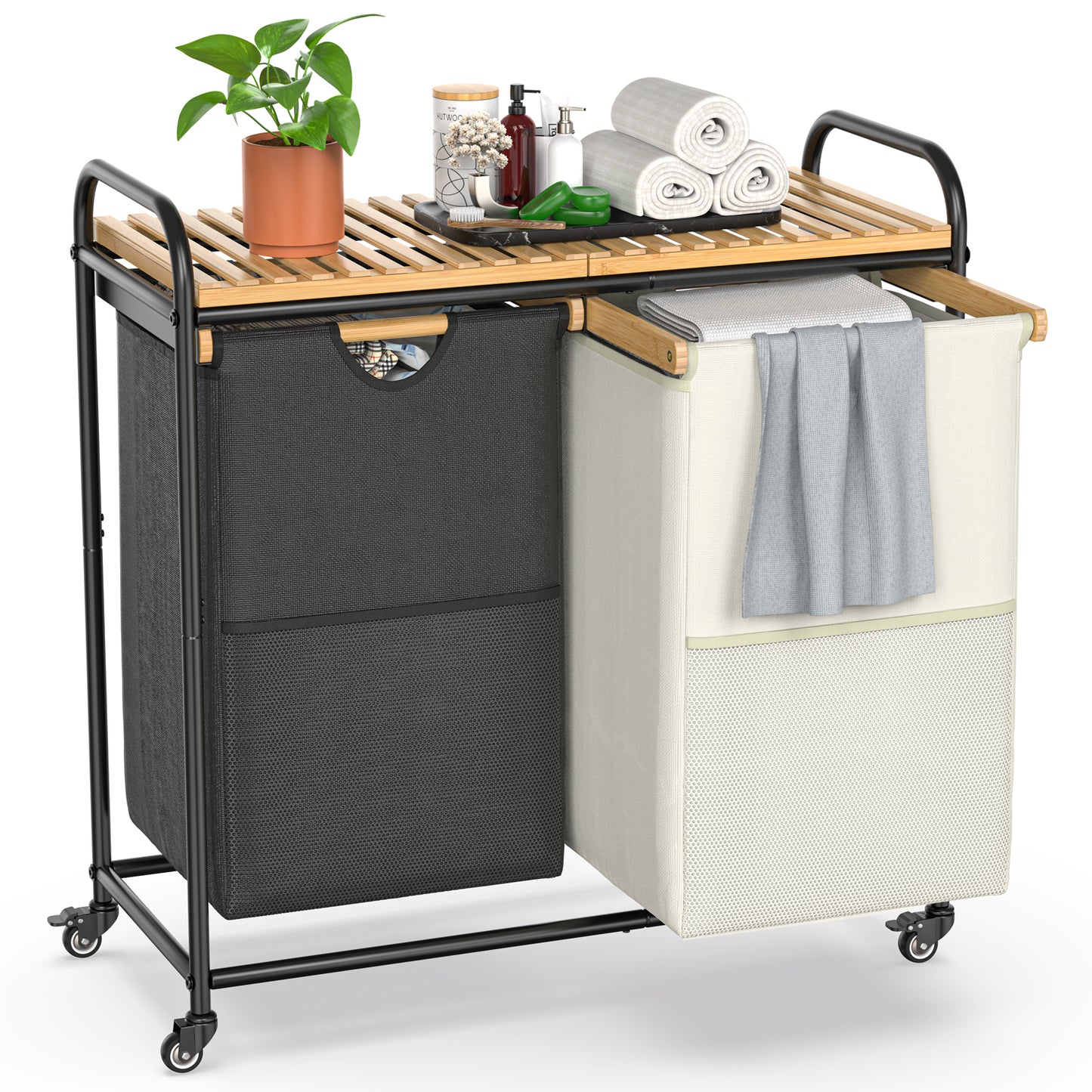 100L Bamboo Freestanding Laundry Hamper With Wheels, Storage Shelf and 2 Sliding Bag