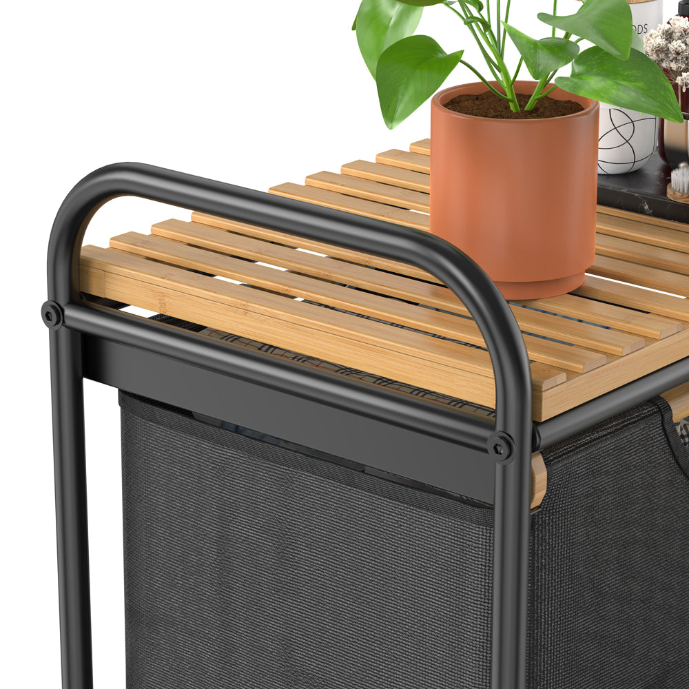 100L Bamboo Freestanding Laundry Hamper With Wheels, Storage Shelf and 2 Sliding Bag