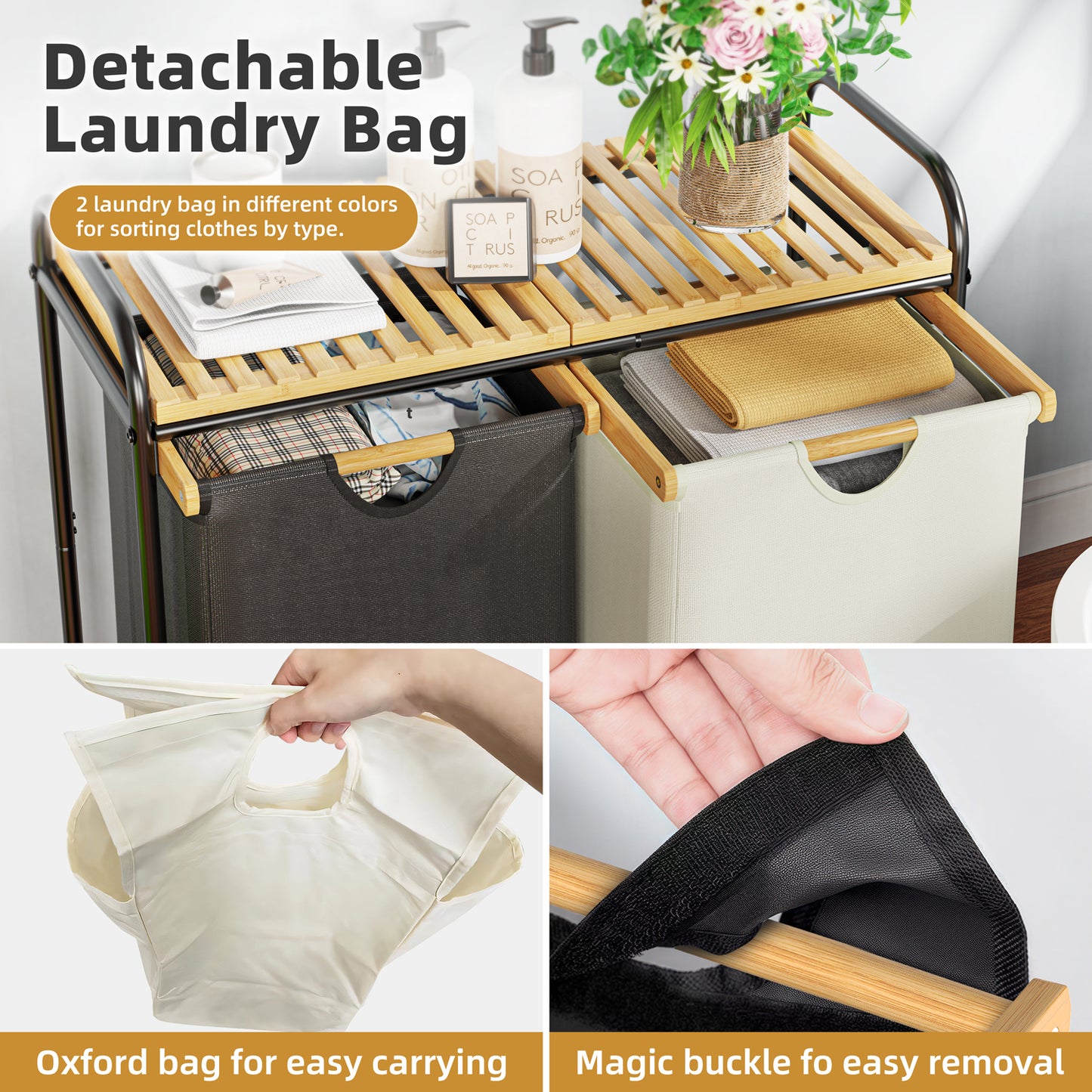 100L Bamboo Freestanding Laundry Hamper With Wheels, Storage Shelf and 2 Sliding Bag