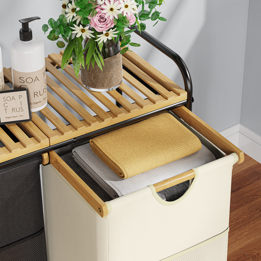 100L Bamboo Freestanding Laundry Hamper With Wheels, Storage Shelf and 2 Sliding Bag